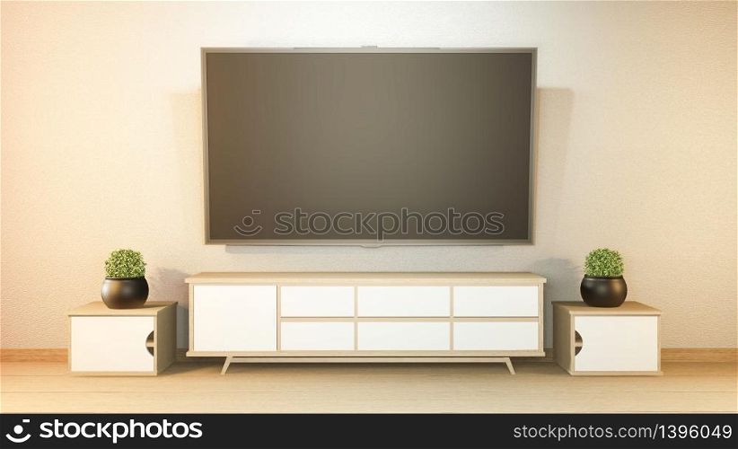 TV cabinet and display japanese interior of living room. 3d rendering