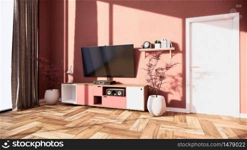 TV cabinet and display japanese interior of pink sakura living room for editing. 3d rendering