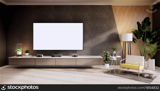TV cabinet ,armchair on wood flooring and black and wooden wall design, minimalist living interior.3d rendering