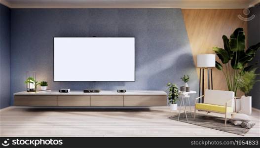 TV cabinet ,armchair on wood flooring and blue and wooden wall design, minimalist living interior.3d rendering
