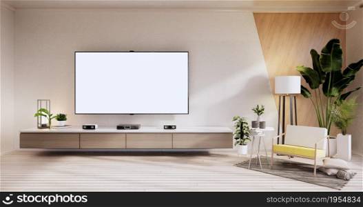 TV cabinet ,armchair on wood flooring and white and wooden wall design, minimalist living interior.3d rendering