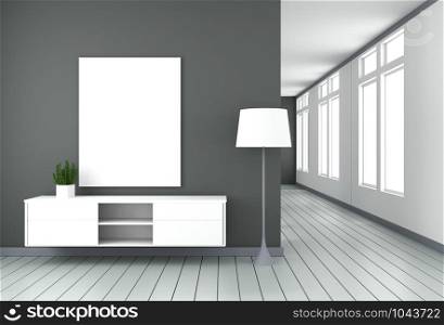 Tv cabinet in black modern room,minimal designs, zen style. 3d rendering