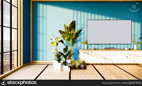 Tv cabinet in japanese living room on blue sky wall background,3d rendering