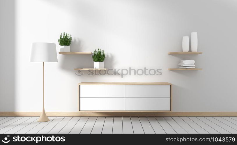 Tv cabinet in modern empty room Japanese - zen style,minimal designs. 3D rendering