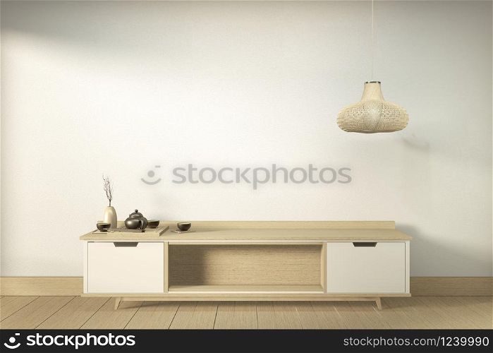 Tv cabinet in modern empty room Japanese - zen style,minimal designs. 3D rendering