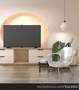 Tv cabinet in modern empty room wall shelf design hidden light Japanese - zen style,minimal designs. 3D rendering