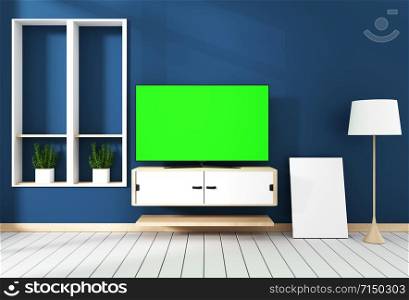Tv cabinet in orange modern room,minimal designs, zen style. 3d rendering