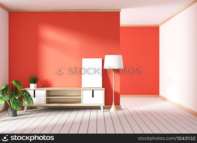 Tv cabinet in red modern room,minimal designs, zen style. 3d rendering