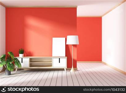 Tv cabinet in red modern room,minimal designs, zen style. 3d rendering