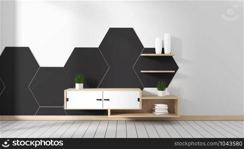 Tv cabinet in room black hexagon tile minimal designs, zen style. 3d rendering