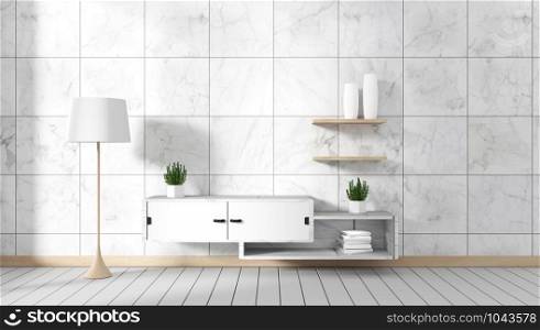 Tv cabinet in room interior granite tile on white wood ,minimal designs - japanese style, 3d rendering