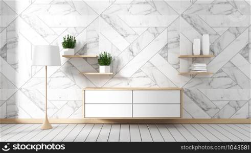 Tv cabinet in room interior granite tile on white wood ,minimal designs - zen style, 3d rendering
