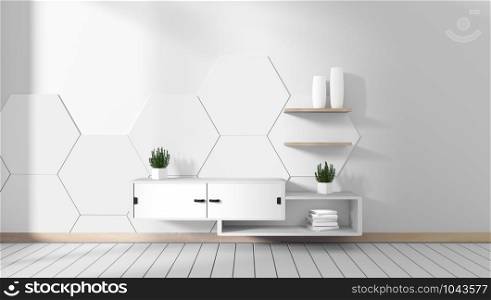 Tv cabinet in room white hexagon tile minimal designs, zen style. 3d rendering