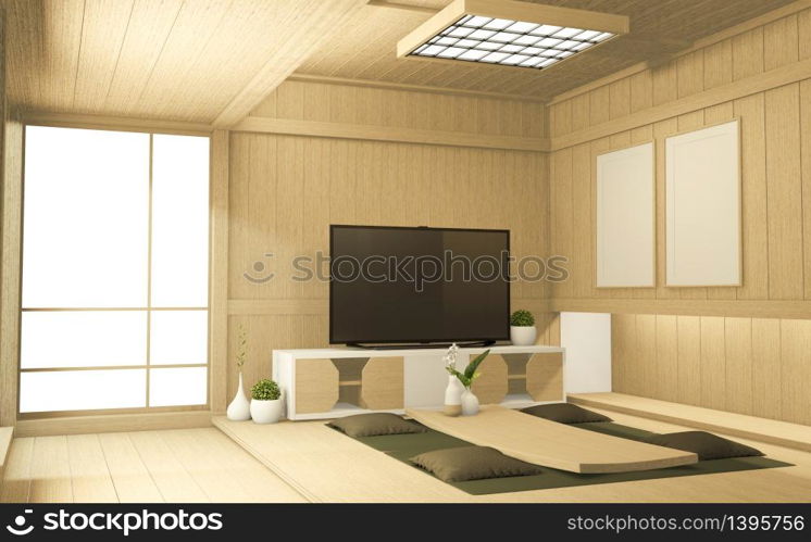 Tv cabinet in tropical empty room Japanese - zen style,minimal designs. 3D rendering