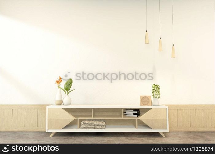 Tv cabinet in tropical empty room Japanese - zen style,minimal designs. 3D rendering