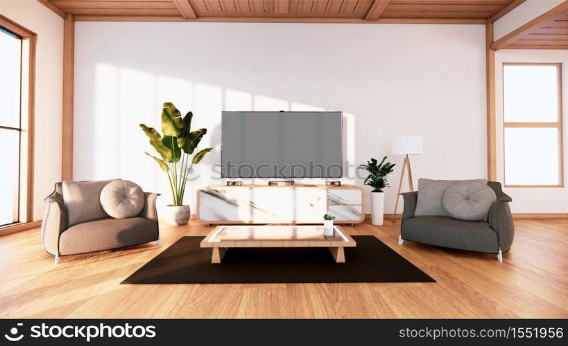 Tv cabinet in tropical empty room Japanese - zen style,minimal designs. 3D rendering