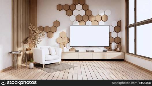 TV cabinet on modern room with wall hexagon minimal design. 3D rendering