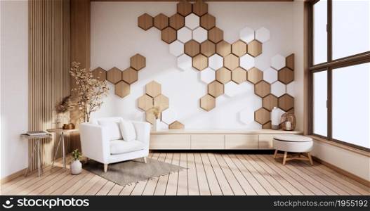 TV cabinet on modern room with wall hexagon minimal design. 3D rendering