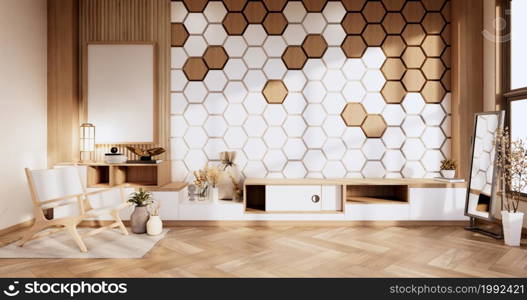 TV cabinet on modern room with wall hexagon minimal design. 3D rendering