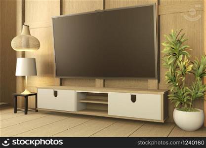 TV cabinet on white wood flooring and white wall, minimalist and zen interior of living room japanese style.3d rendering