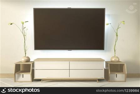 TV cabinet on zen room interior and wall design hidden light, minimalist and zen interior of living room japanese style.3d rendering