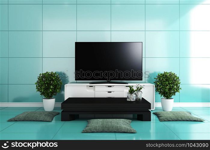 TV in modern living room,mint tiles design colorful. 3D rendering