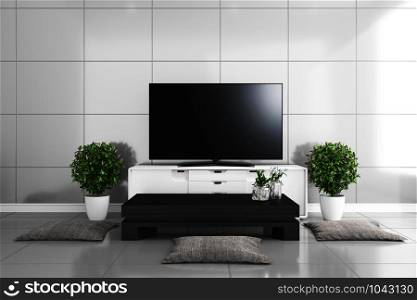 TV in modern living room,tiles design colorful. 3D rendering
