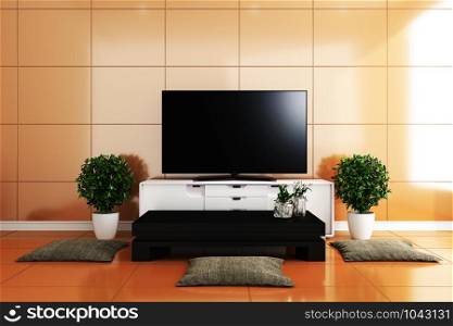 TV in modern living room,yellow tiles design colorful. 3D rendering