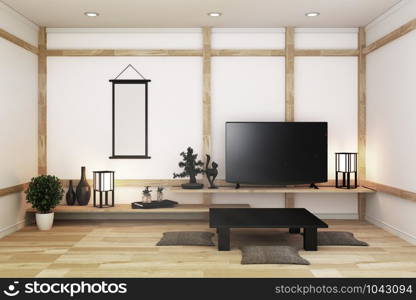 TV in modern white empty room and decoration Japanese style. 3d rendering