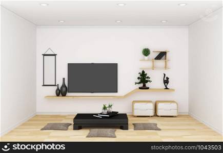 TV in modern white empty room and decoration Japanese style. 3d rendering