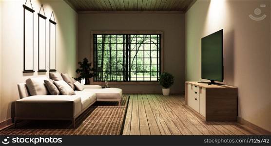 TV in modern white empty room interior,Designed for Japanese style lovers. 3D rednering