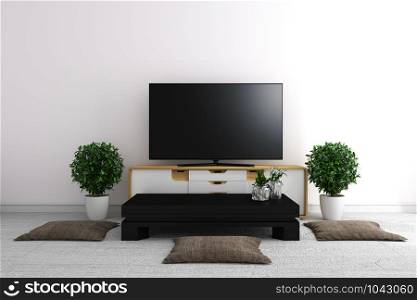 TV in modern white empty room interior minimal designs - Japanese style. 3d rendering