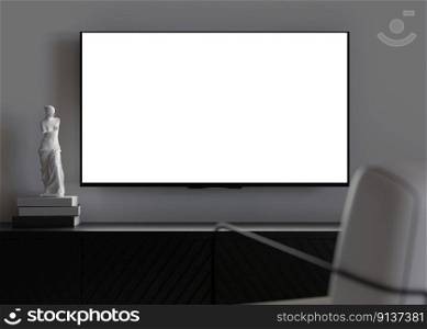 TV mock up. LED TV with blank white screen, hanging on the wall at home. Copy space for advertising, movie, app presentation. Empty television screen ready for your design. Modern interior. 3D render. TV mock up. LED TV with blank white screen, hanging on the wall at home. Copy space for advertising, movie, app presentation. Empty television screen ready for your design. Modern interior. 3D render.