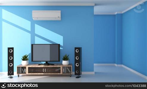 TV Modern living room on light blue wall background. 3D rendering