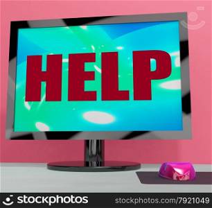 TV Monitor Representing High Definition Television Or HDTV. Help On Monitor Showing Helpline Helpdesk Or Support