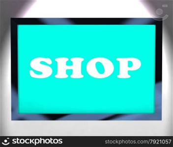 TV Monitor With Red Blank Copyspace Or Copy Space. Shop Screen Showing Buying From Store Online
