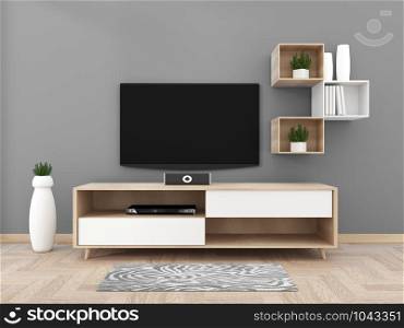 TV on cabinet in modern living room on gray wall background,3d rendering