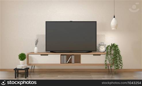 TV on cabinet in zen living room with lamp,table,cabinet and plant .3d rendering