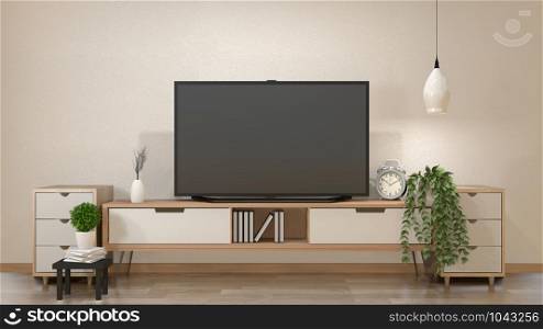 TV on cabinet in zen living room with lamp,table,cabinet and plant .3d rendering