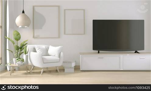 TV on stand cabinet in modern living room with armchair and decoration plants.3D rendering