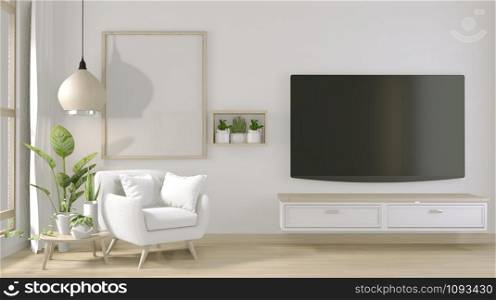TV on stand cabinet in modern living room with armchair and decoration plants.3D rendering