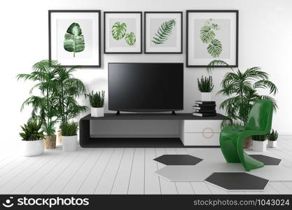 TV on the cabinet in tropical living room on white wall background,3d rendering