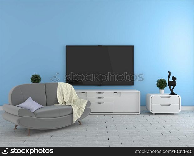 TV on the cabinet - modern living room on blue wall background - colorful style, 3d rendering