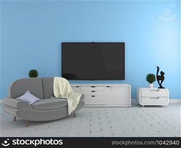 TV on the cabinet - modern living room on blue wall background - colorful style, 3d rendering