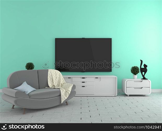 TV on the cabinet - modern living room on mint wall background - colorful stylle, 3d rendering