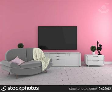 TV on the cabinet - modern living room on wall background - colorful style, 3d rendering
