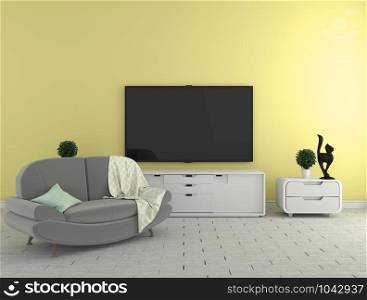 TV on the cabinet - modern living room on yellow wall background - colorful style, 3d rendering
