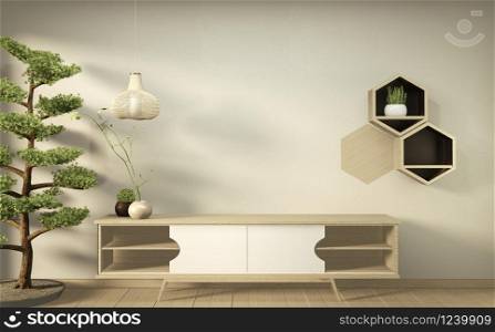 Tv on wall and wooden cabinet in modern empty room Japanese minimal designs. 3D rendering