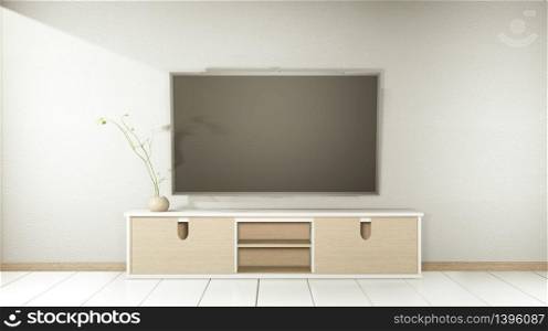 Tv on wooden cabinet in modern empty room and white wall on white floor room japanese style. 3d rendering