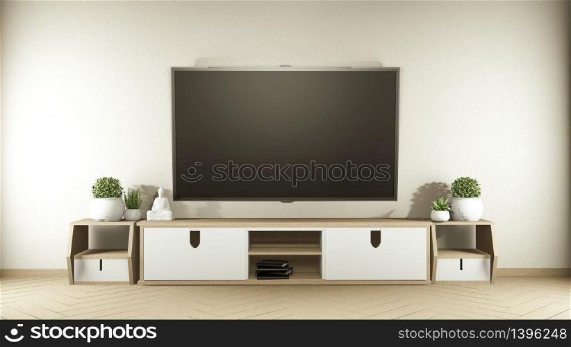 Tv on wooden cabinet in modern empty room and white wall on white floor room japanese style. 3d rendering